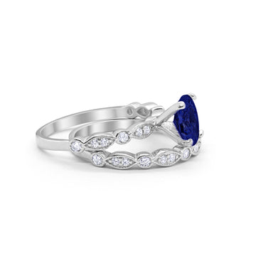 Two Piece Band Engagement Ring Oval Simulated Blue Sapphire CZ 925 Sterling Silver